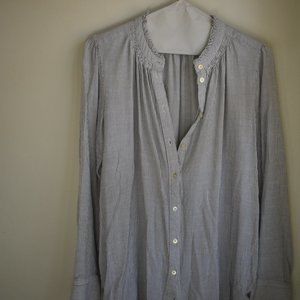 Black and white pin-striped Loft band collar button down shirt